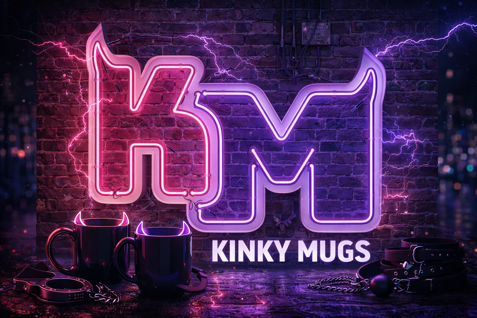 Kinky Mugs Neon Electric Logo sits on a brick wall with electric bolts lighting the scene and showcasing mugs, and other kink related items.