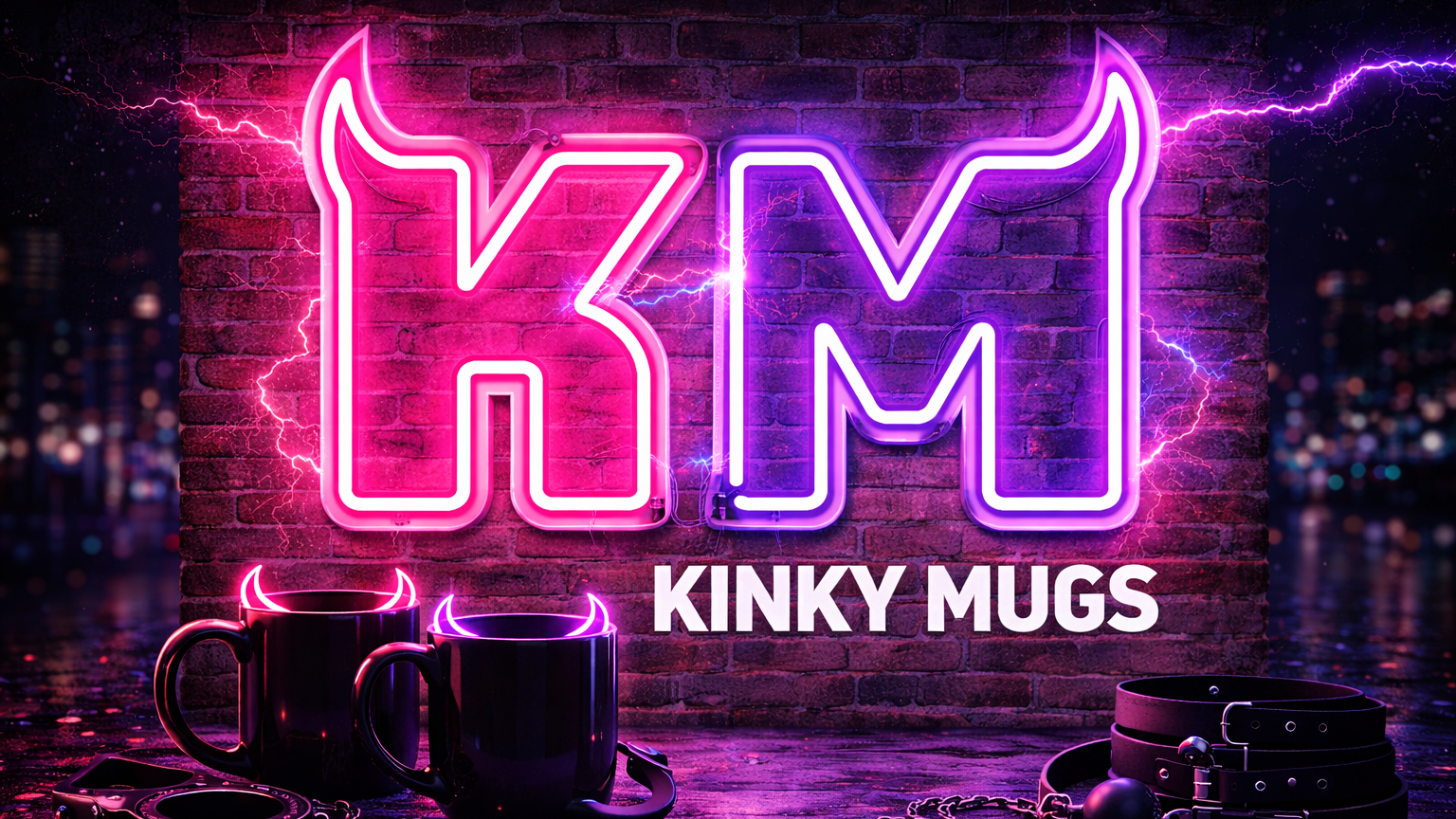 Neon sign with 'KM' and 'Kinky Mugs' text on a brick wall background.